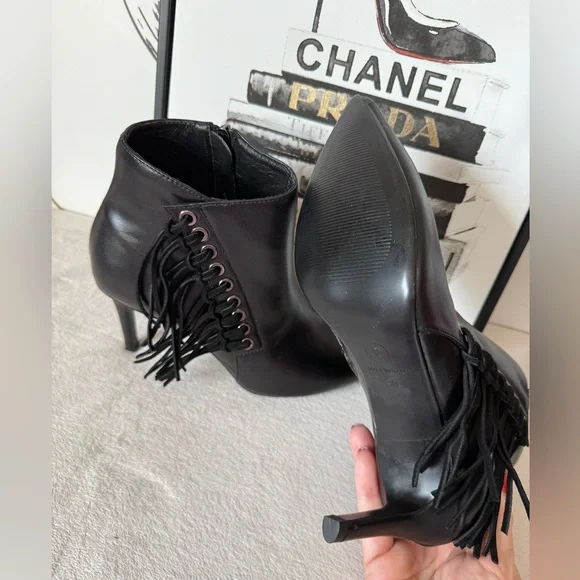 New Black Leather Fringe Pointed Toe Stiletto Heel Boots with Zipper - Picture 7 of 13